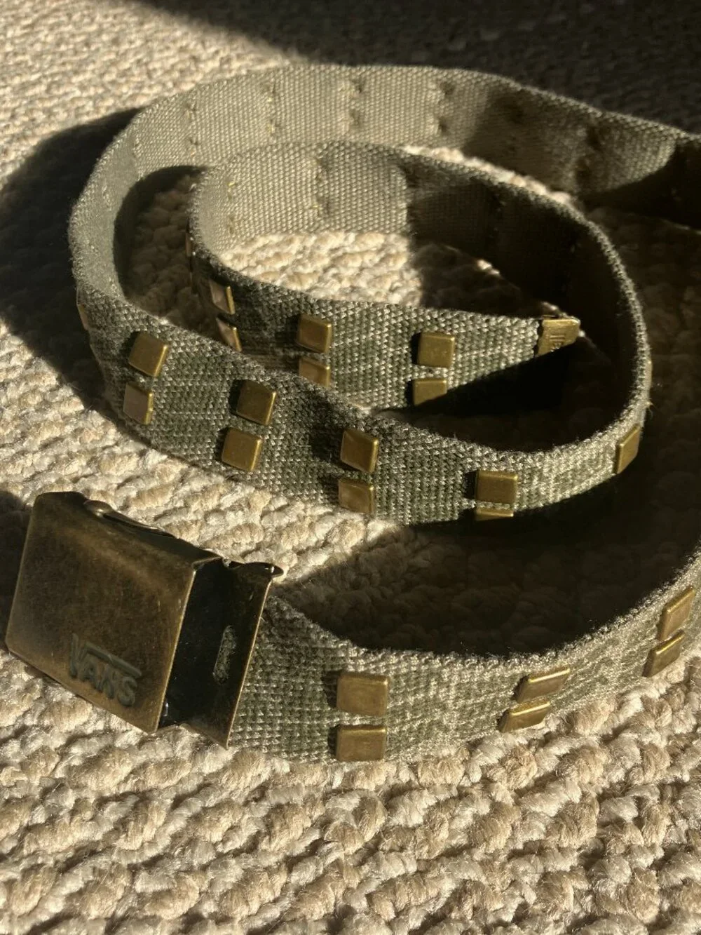 Vintage Y2K Vans Off The Wall Green Brass Canvas Studded Belt up to 47